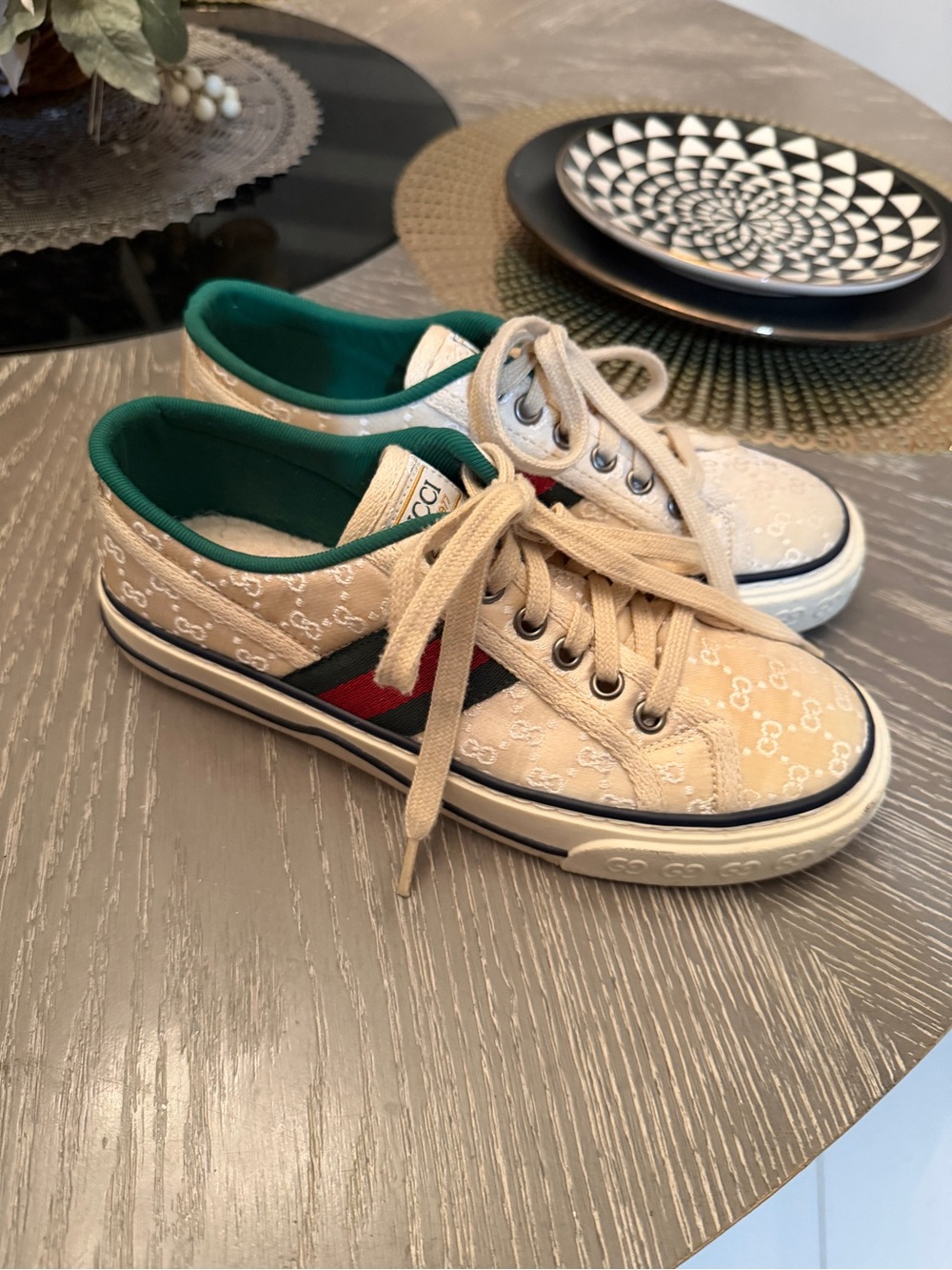 Gucci Beige Canvas Sneakers with Red & Green Web and Green Lining. Sz 36/6